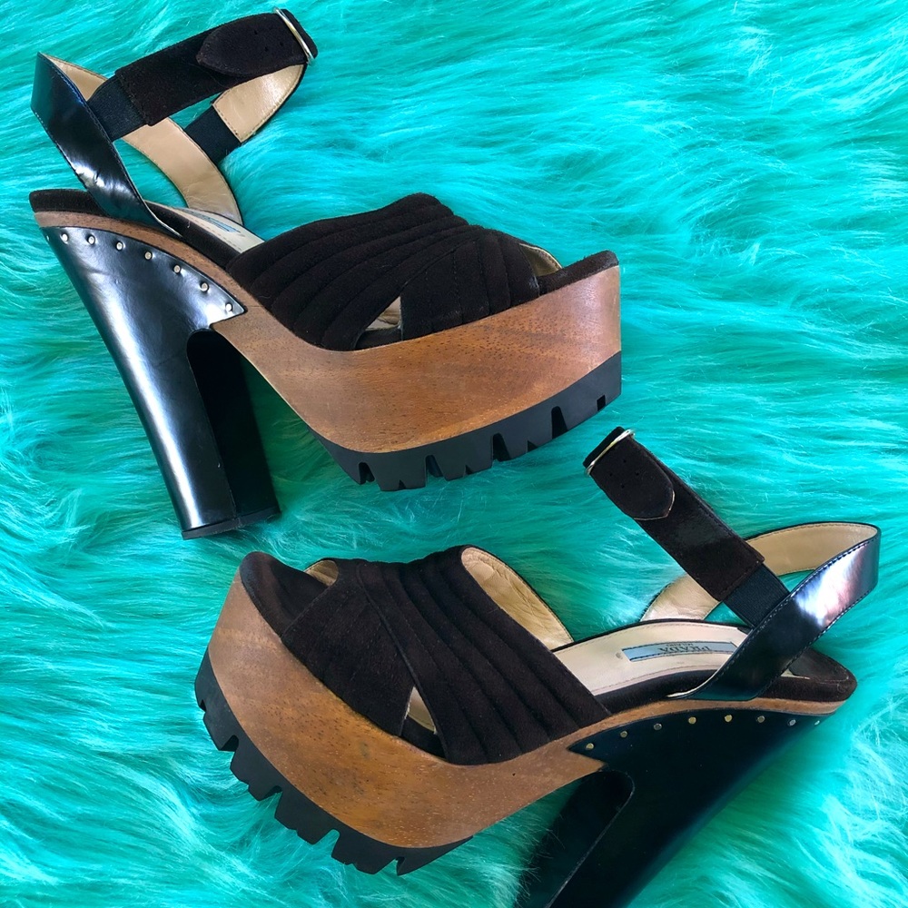 PRADA wooden boot suede heels 39